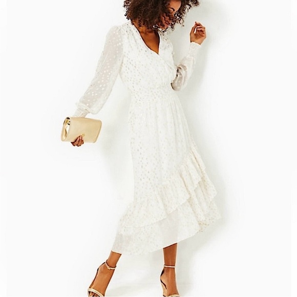 Lilly Pulitzer Cristiana Midi Dress Womens 8 Metallic Coconut Print Gold Ruffle - Picture 13 of 13